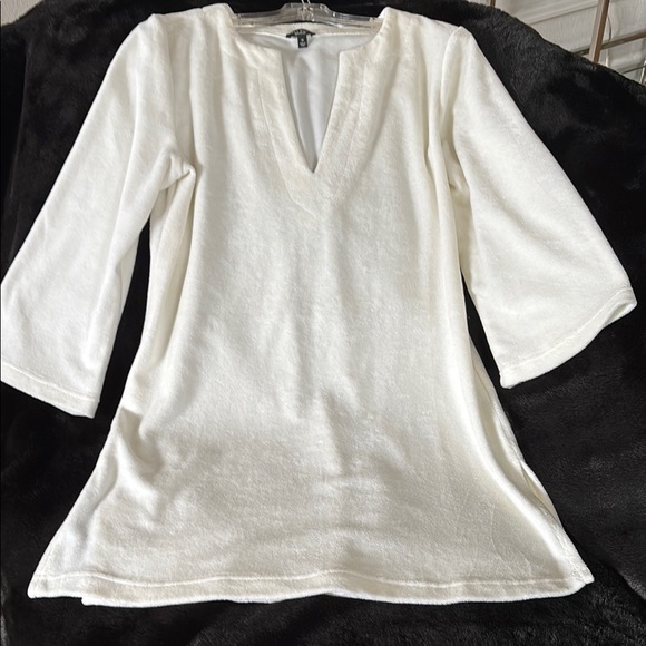 Talbots White Mini Tunic Terry cloth Three-Quarter Bell Sleeves Cover-Up Size M - Picture 1 of 8